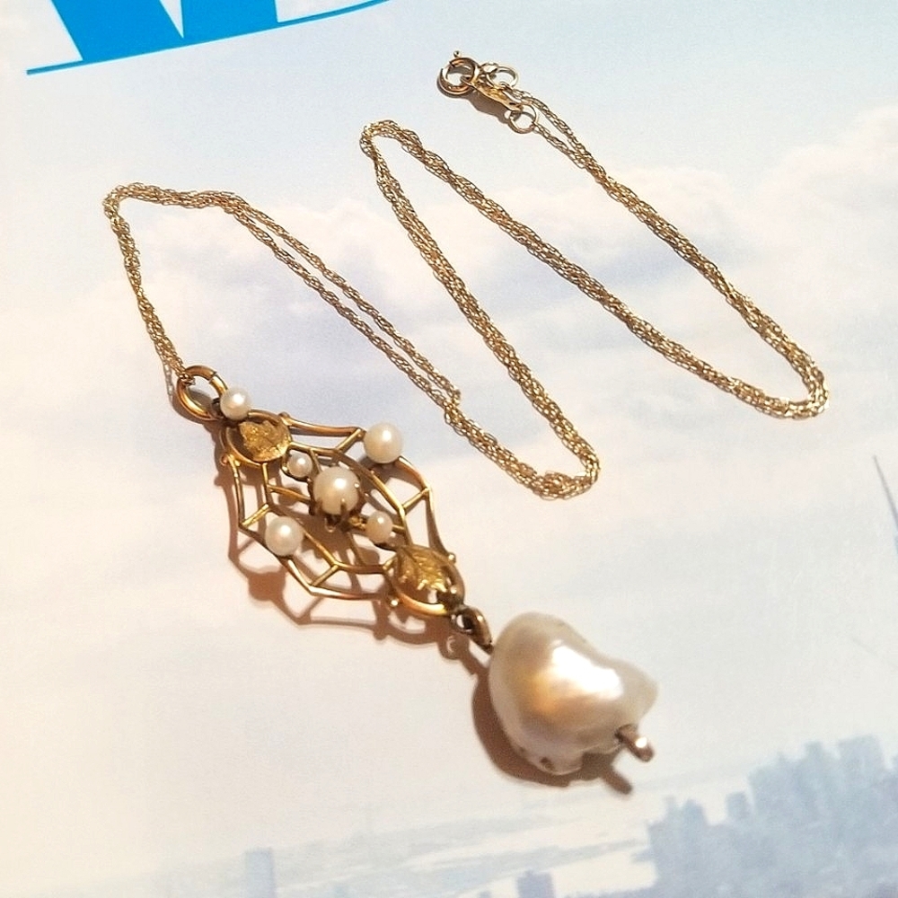 Antq Solid 10kt Gold Seed Pearl Lavaliere Necklace